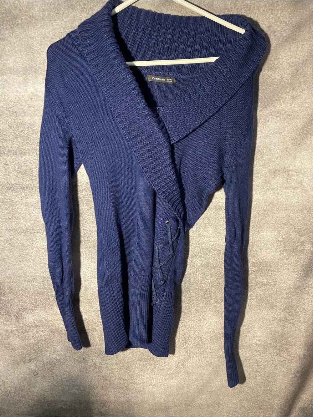 ⁠PattyBoutik Shawl Collar Faux Wrap Lace Up Sweater Small Blue Ribbed Knit Y2K⁠